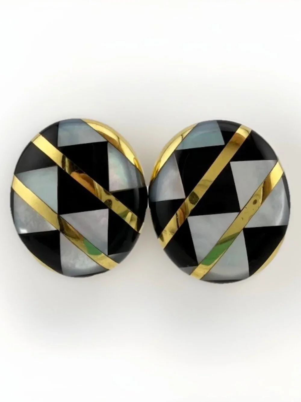 Tiffany & Co. 18k Mother of Pearl Onyx Geometric Clip Earrings Vintage 25g Gold